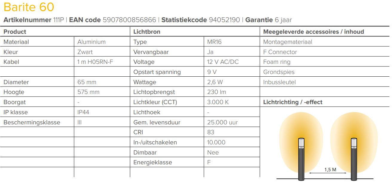 Lightpro 12 volt tuinverlichting Barite 60 Staande Buitenlamp specificaties