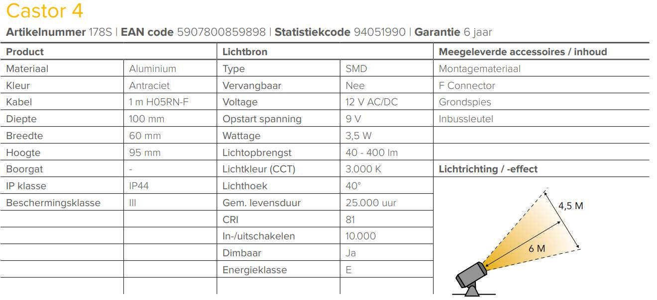 Lightpro 12 volt tuinverlichting Castor 4 Spot specificaties