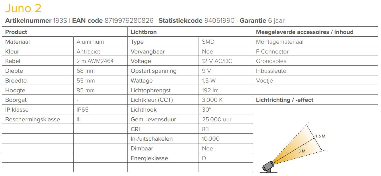 LightPro 12 volt tuinverlichting Juno 2 Spot specificaties