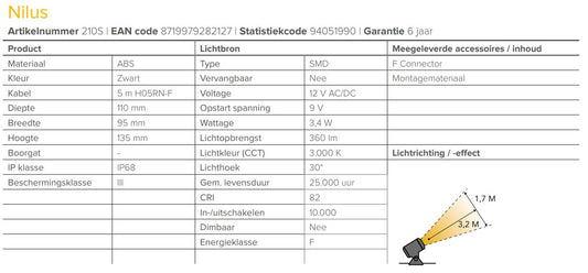 LightPro 12 volt tuinverlichting Nilus onderwaterspot specificaties