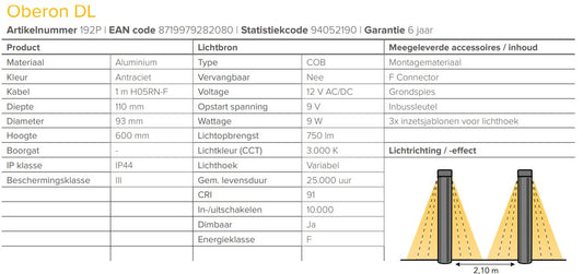 LightPro 12 volt tuinverlichting Oberon DL Staande Lamp specificaties